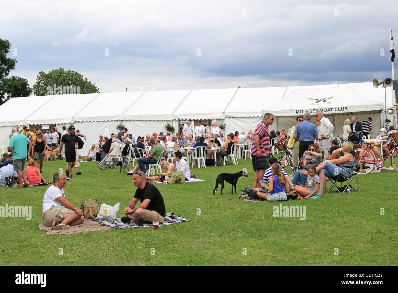 Spectator area at Molesey Amateur Regatta, 16th July 2016, River Thames, Hurst Park Riverside, East Molesey, near Hampton Court, Surrey, England, Great Britain, United Kingdom, UK, Europe. Annual amateur rowing competition and social event established in 1867. Credit:  Ian Bottle/Alamy Live News Stock Photo