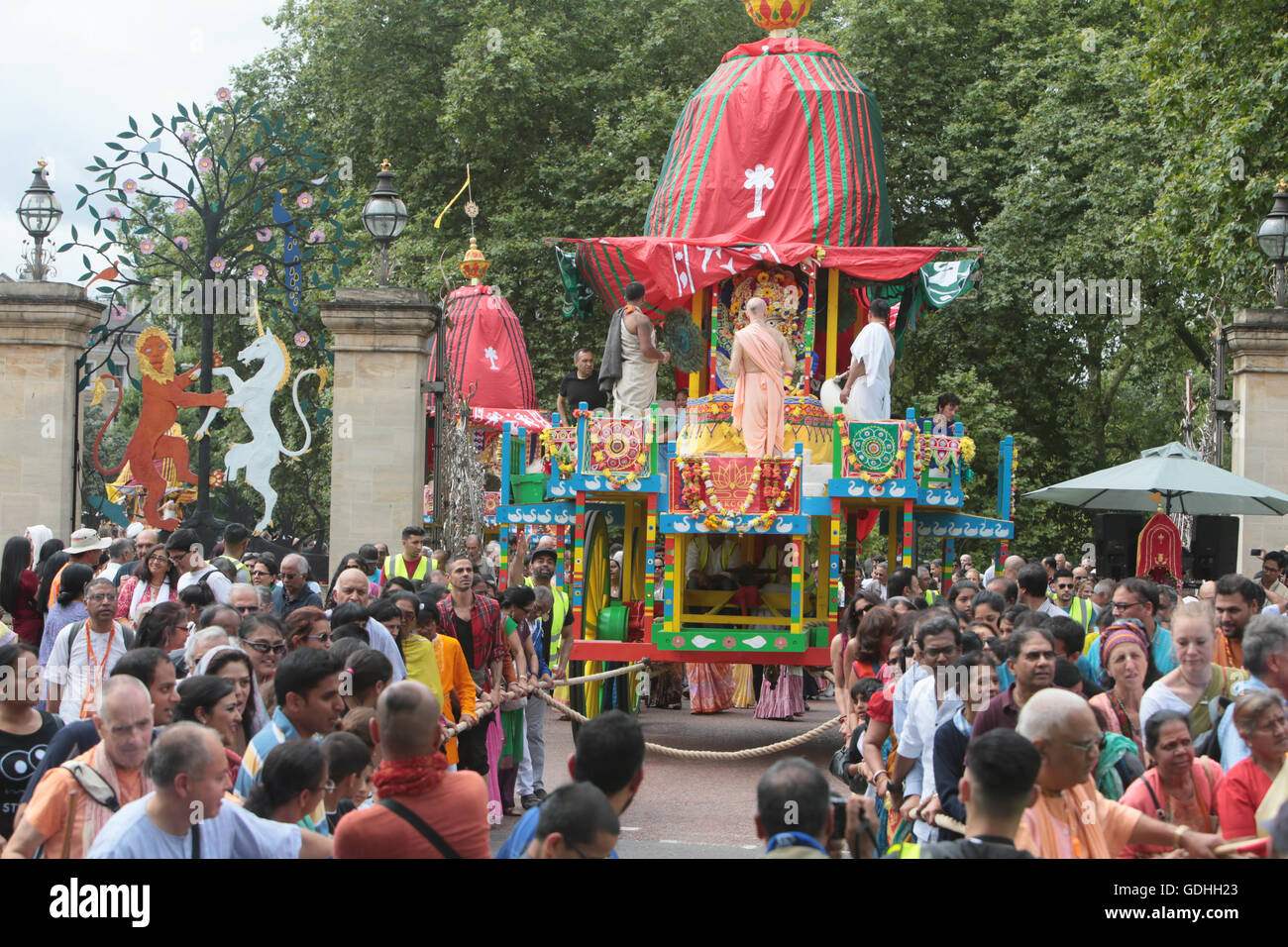 London.UK 17 July 2016 Fresh from celebrating  50 years since the Incorporation of ISKCON, International Society for Krishna Consciousness,the 48th Central London Rathayatra took to the streets of London to celebrate Lord Juggernaut ,Rathayatra  is a festival that involves moving deities Jagannath,Balabhadra,Subhadra on a wooden chariot @Paul Quezada-Neiman/Alamy Live News Stock Photo