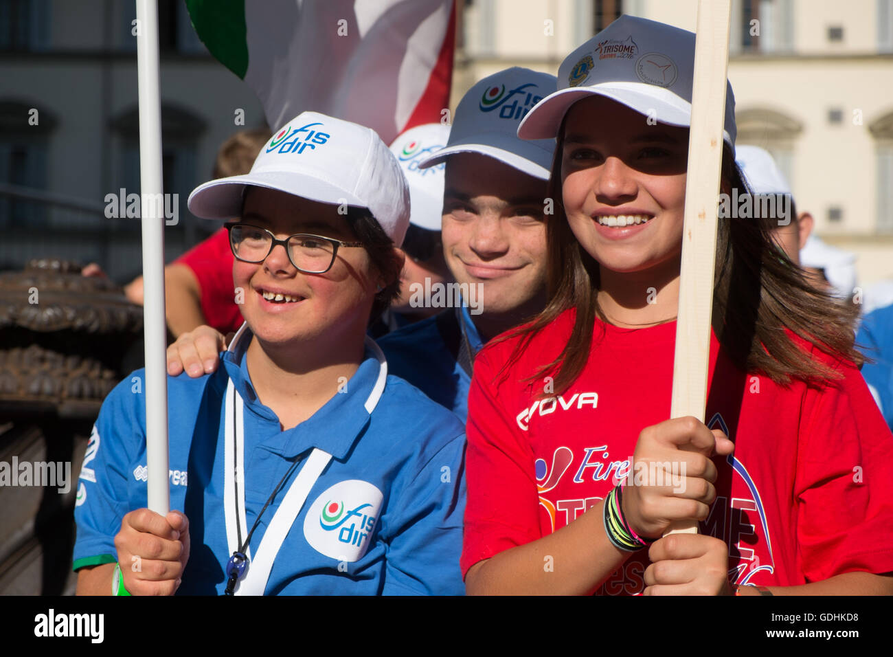 Florence, Italy. 16th July, 2016. Trisome Games 2016. Florence, Italy. Italian delegation during the show of the first day opening ceremony. Credit:  lorenzo codacci/Alamy Live News Stock Photo