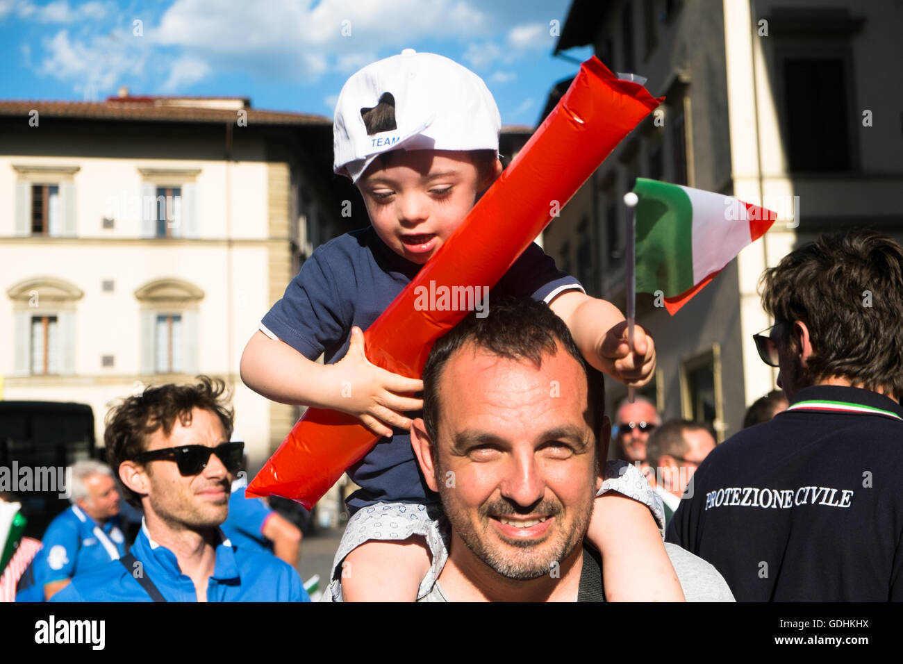 Florence, Italy. 16th July, 2016. Trisome Games 2016. Florence, Italy. Down syndrome italian child and his father during the show of the first day opening ceremony. Credit:  lorenzo codacci/Alamy Live News Stock Photo