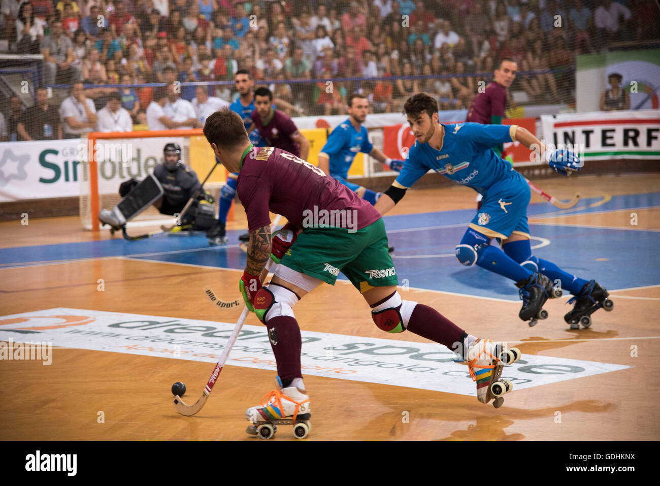 Portugal plays Italy in the finals of the CERH European Roller Hockey Championship tournament in Oliveira de Azemeis, Portugal. Stock Photo