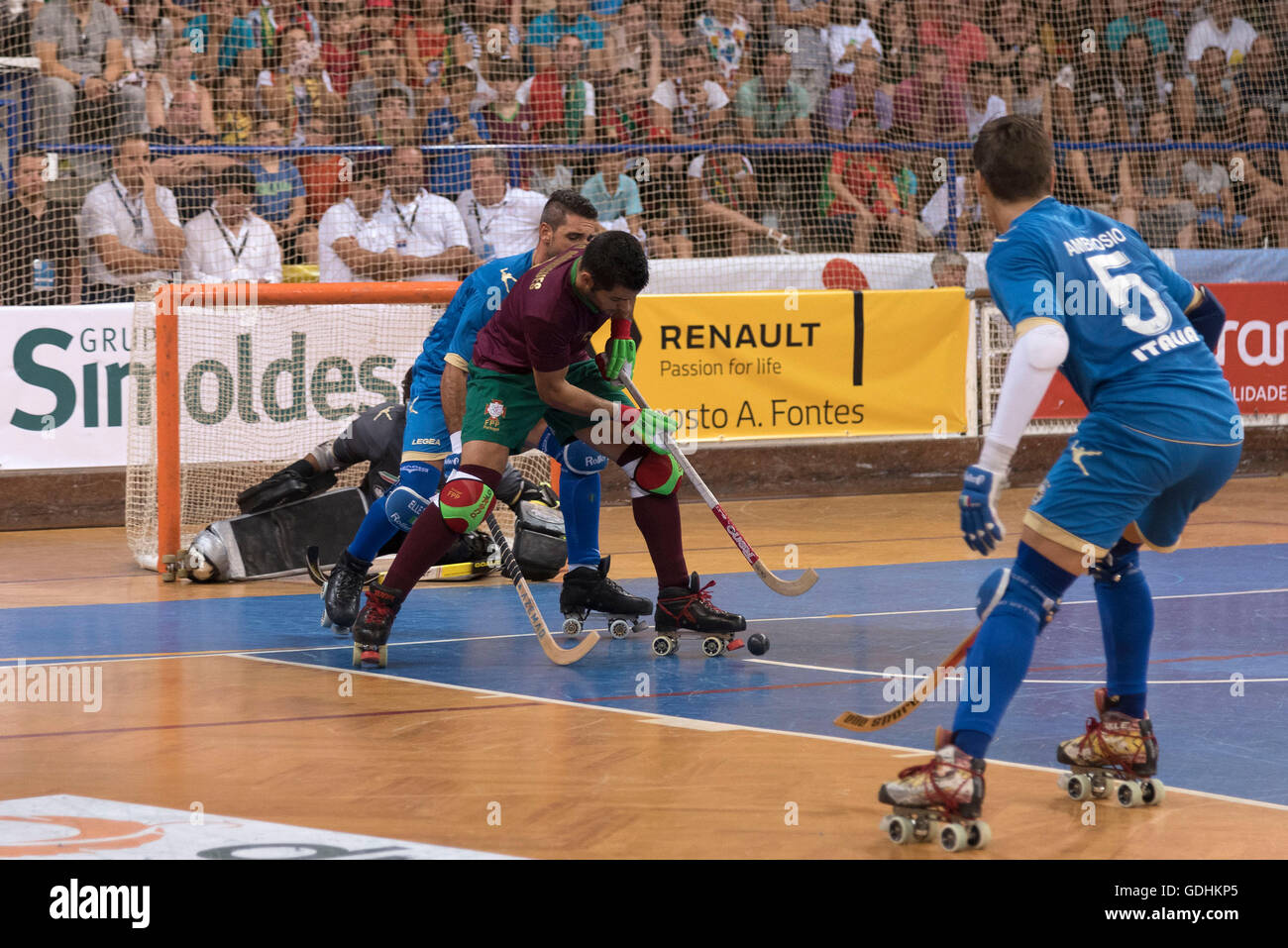 Portugal plays Italy in the finals of the CERH European Roller Hockey Championship tournament in Oliveira de Azemeis, Portugal. Stock Photo
