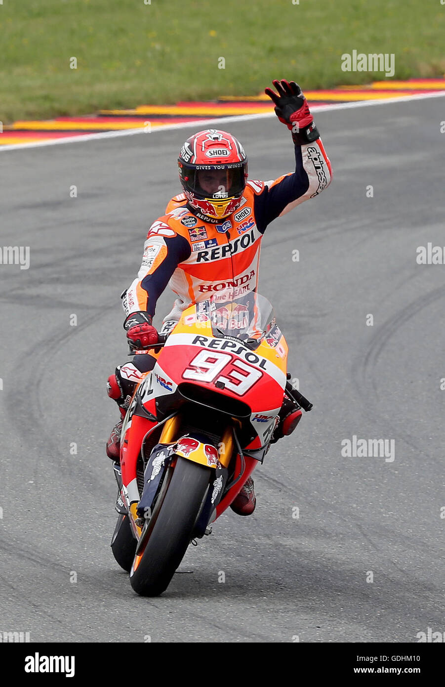 Spanish MotoGP rider Marc Marquez from Repsol Honda Team celebrates his  victory in the motor bike