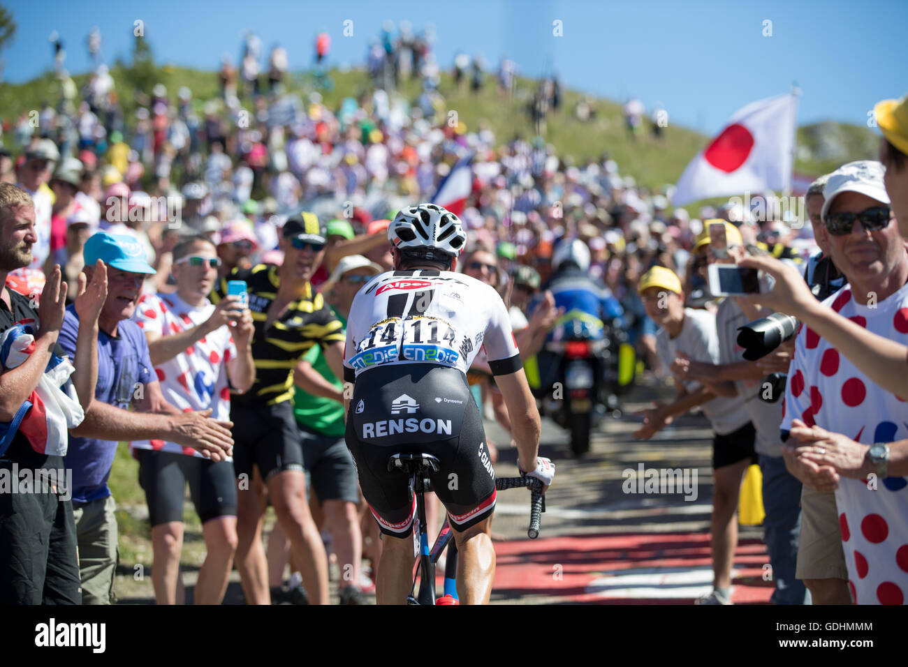 Virieu Le Petit, France. 17th July, 2016. 17th July, 2016. Ain, FR. Tom Dumoulin (Team Giant-Aplecin) rides through the crowd lining the course, on the final hundred meters of the Grand Colombier climb. Credit:  John Kavouris/Alamy Live News Stock Photo