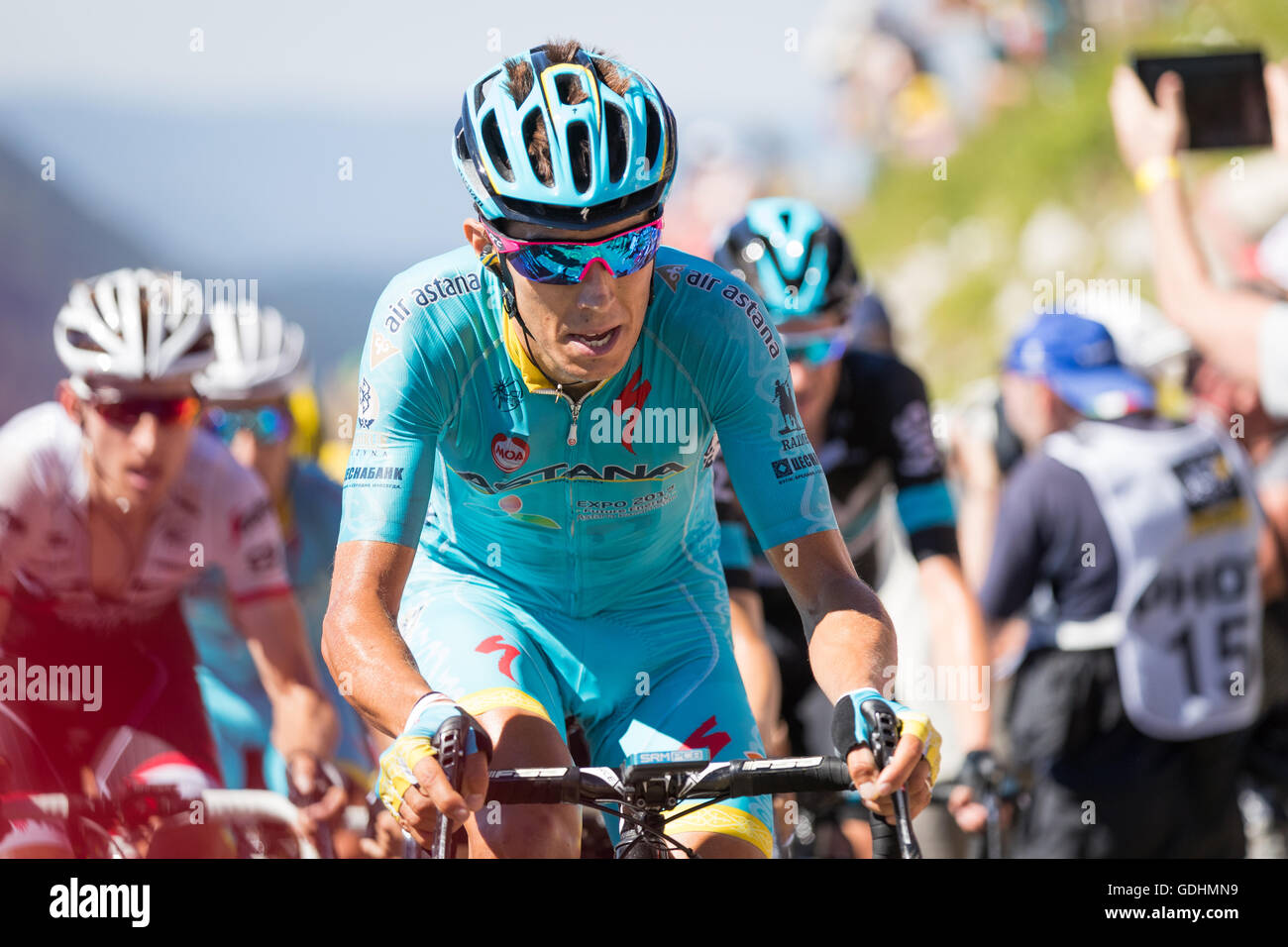 Virieu Le Petit, France. 17th July, 2016. 17th July, 2016. Ain, FR. Vincenzo Nibali (Astana) approaches the final meters of the Grand Colombier climb on the stage to Culoz. Credit:  John Kavouris/Alamy Live News Stock Photo