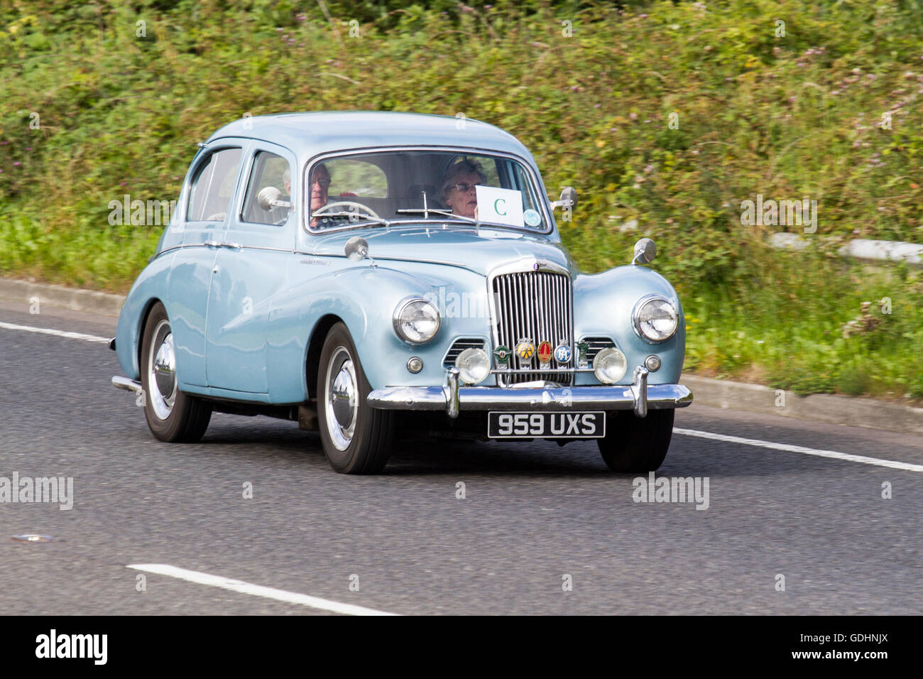1954 50s blue Sunbeam; Fleetwood, Lancashire, UK. Vintage, classic, collectible, heritage, historics, prestige, cherished yesteryear vehicles car club motors at annual event. Stock Photo