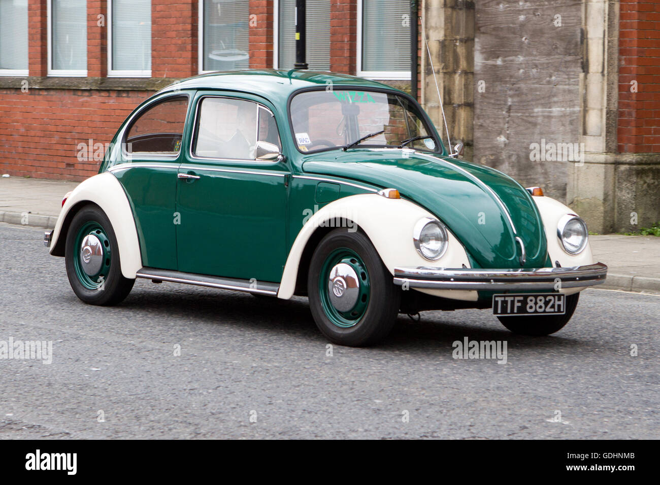 Tram green white Volkswagen 1500; Sunday, Fleetwood, Lancashire, UK. 17-07-2016. Vintage, classic, collectible, heritage, historics, prestige, cherished yesteryear vehicles car club motors annual event. Stock Photo