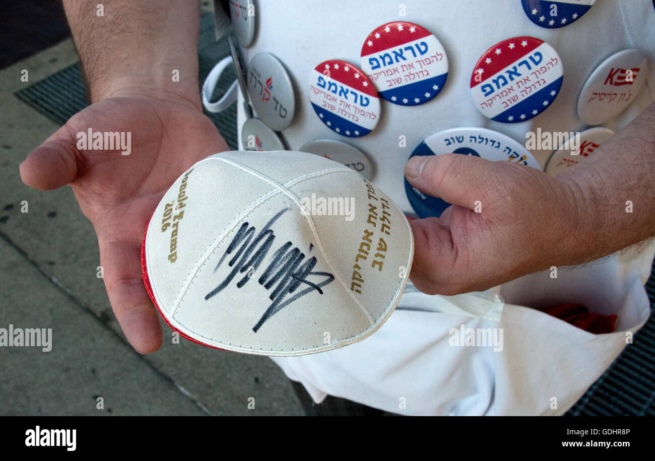 Marc Daniels of Springfield, Illinois, who sells Jewish Campaign Kippahs (yarmulkes), shows off one of his kippers that was signed by Donald Trump on Euclid Avenue near the Quicken Loans Arena, site of the 2016 Republican National Convention in Cleveland, Ohio on Saturday, July 16, 2016. Credit: Ron Sachs/CNP (RESTRICTION: NO New York or New Jersey Newspapers or newspapers within a 75 mile radius of New York City) - NO WIRE SERVICE - Stock Photo