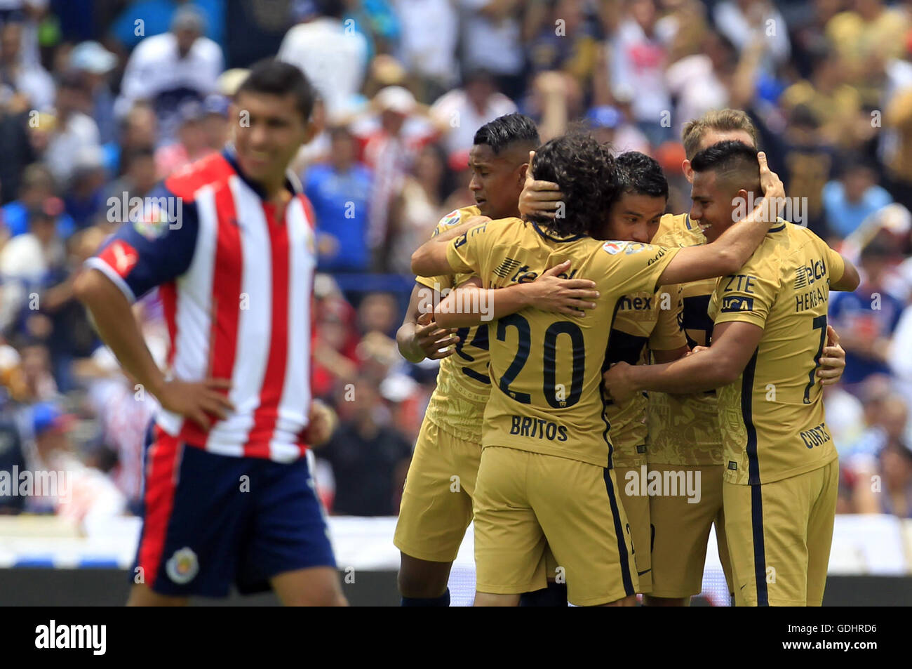 Mexico City, Mexico. 17th July, 2016. Players of UNAM Pumas celebrate the  own goal of Guadalajara Chivas's Jair Pereira Rodriguez during their Mexico  Primera Division Apertura match at the Olympic University Stadium