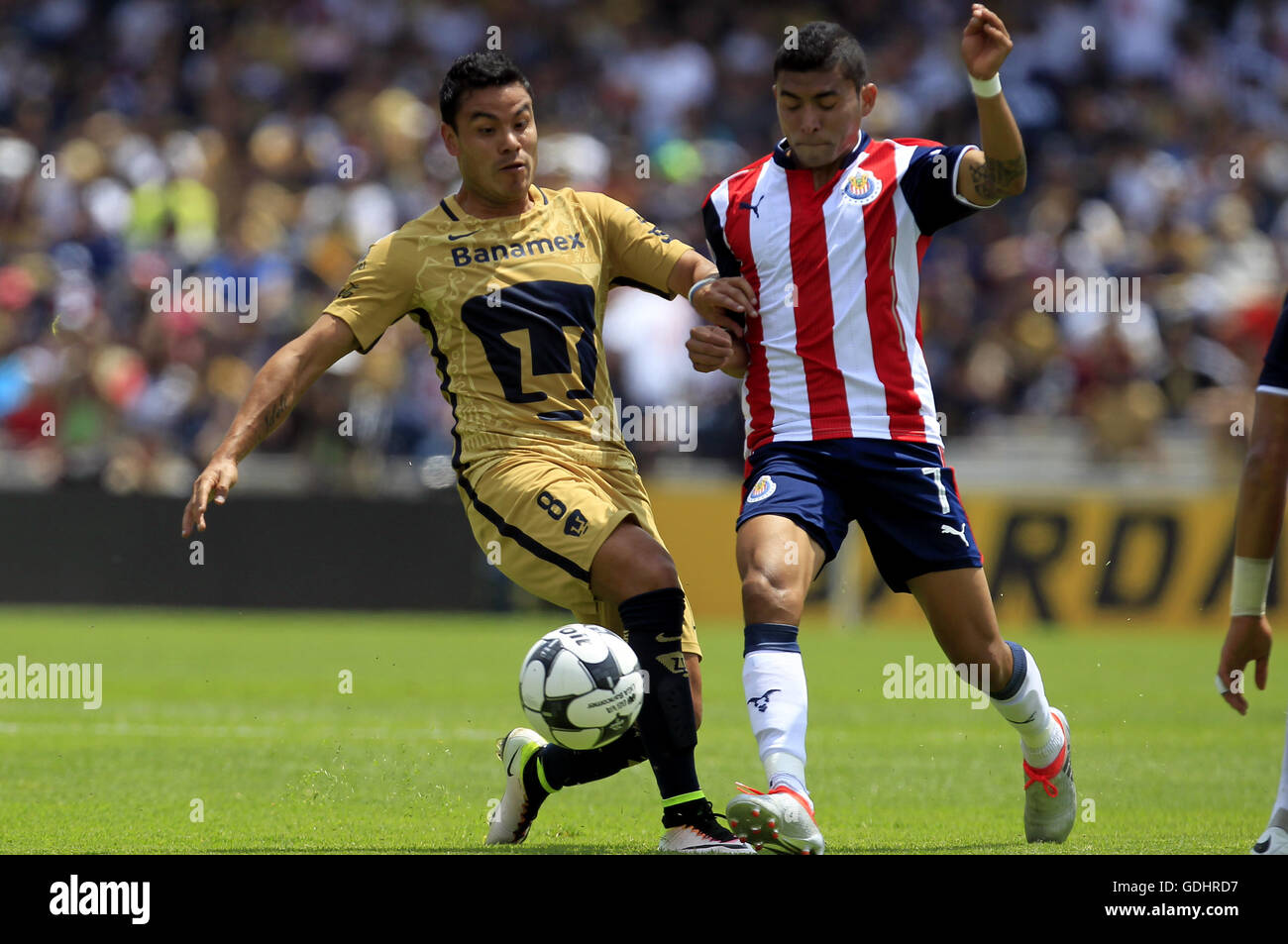 Mexico City, Mexico. 17th July, 2016. Pablo Barrera (L) of UNAM Pumas vies  with Orbelin Pineda of Guadalajara Chivas during their Mexico Primera  Division Apertura match at the Olympic University Stadium in