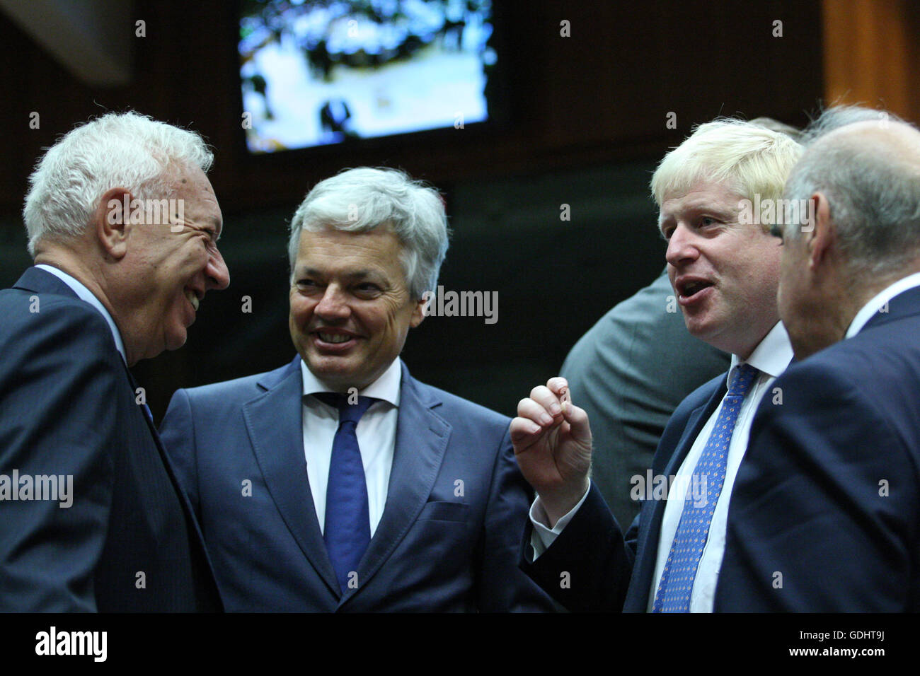 Brussels, Belgium. 18th July, 2016. Boris Johnson during the round table next to the foreign ministers of Spain José Manuel García-Margallo and Belgium Didier Reynders Credit:  Leonardo Hugo Cavallo/Alamy Live News Stock Photo
