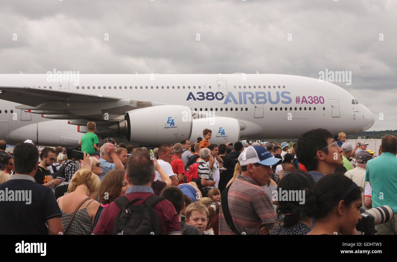 Farnborough Airshow UK 2016 Crowd of Spectators and Airbus A380 Stock Photo