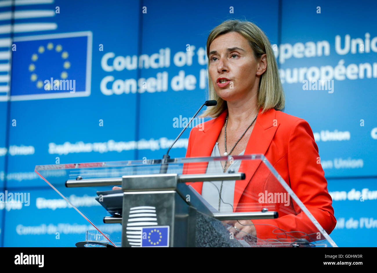 Brussels, Belgium. 18th July, 2016. EU high representative for foreign affairs and security policy Federica Mogherini addresses a joint press conference with U.S. Secretary of State John Kerry (not seen) after their meeting ahead of an EU foreign ministers' meeting at its headquarters in Brussels, Belgium, July 18, 2016. John Kerry is in Belgium to attend a meeting with EU member states' foreign ministers on the sidelines of the ongoing EU Foreign Affairs Council meeting. © Ye Pingfan/Xinhua/Alamy Live News Stock Photo