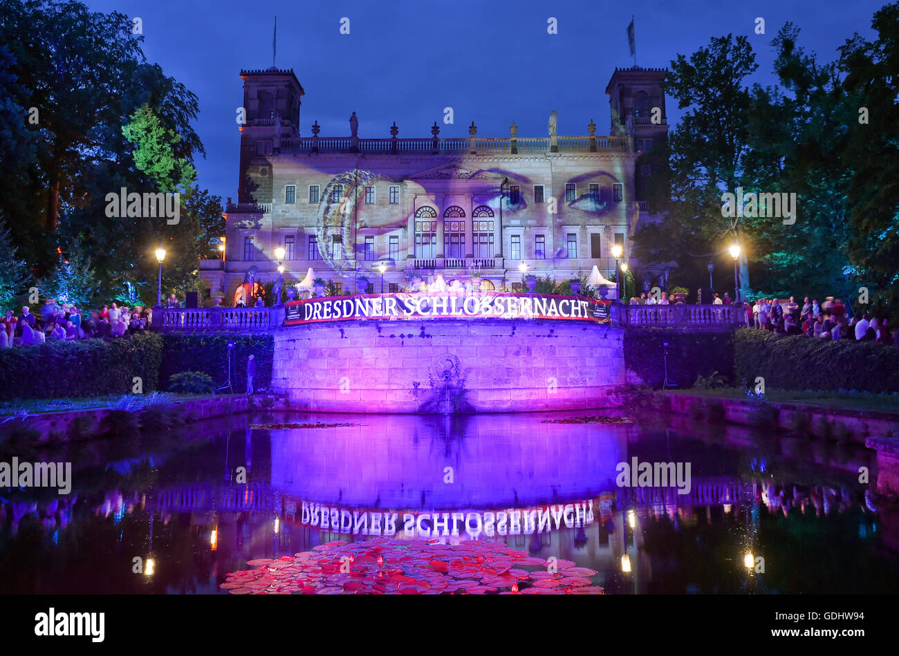 Dresden, Germany. 16th July, 2016. The Schloss Albrechtsberg is illuminated at dusk at the 8th Schloessernacht (lt. Castle Night) in Dresden, Germany, 16 July 2016. Photo: Britta Pedersen/dpa/Alamy Live News Stock Photo