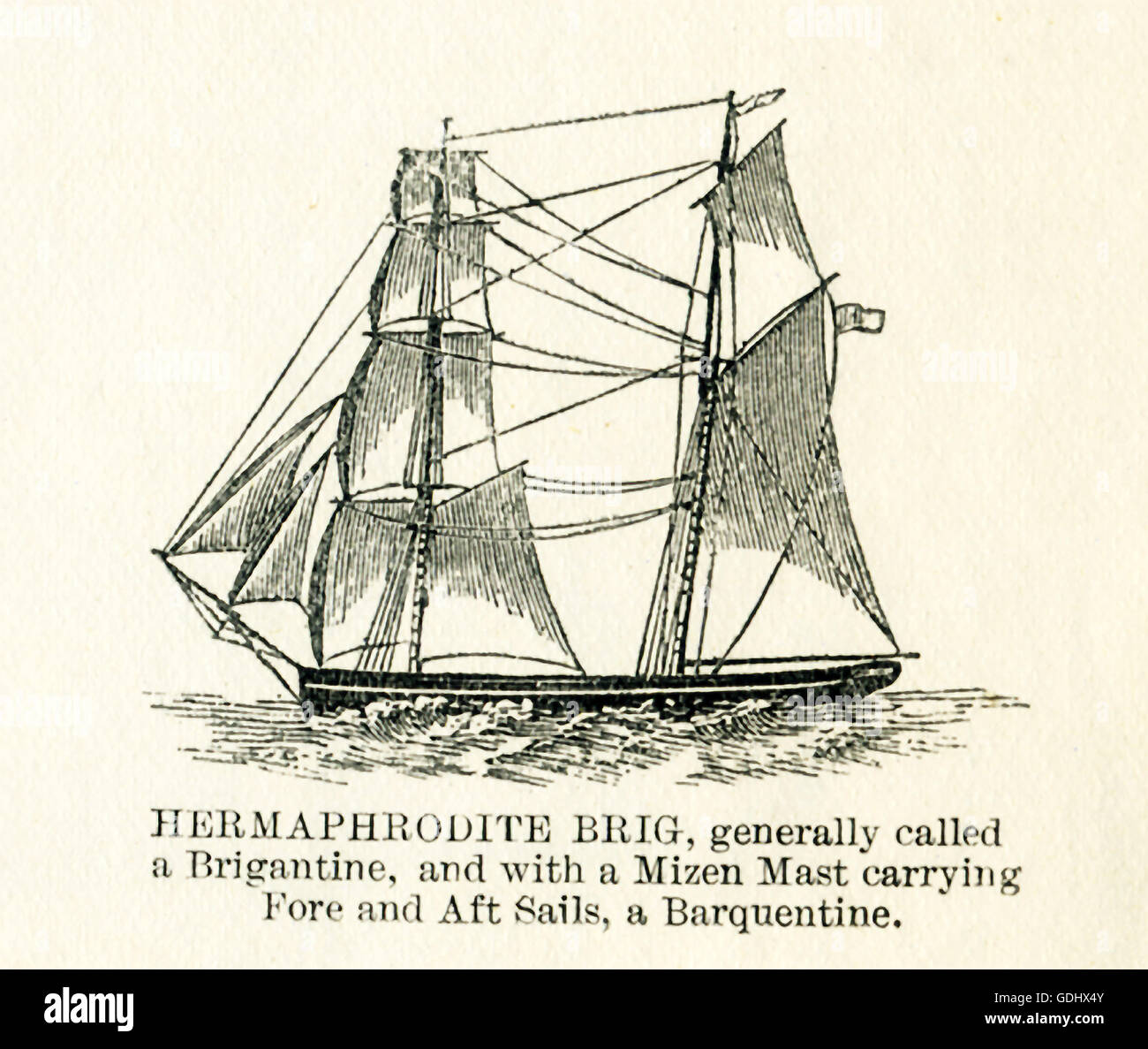 The vessel pictured in this 19th-century drawing is a hermaphrodite brig. Stock Photo