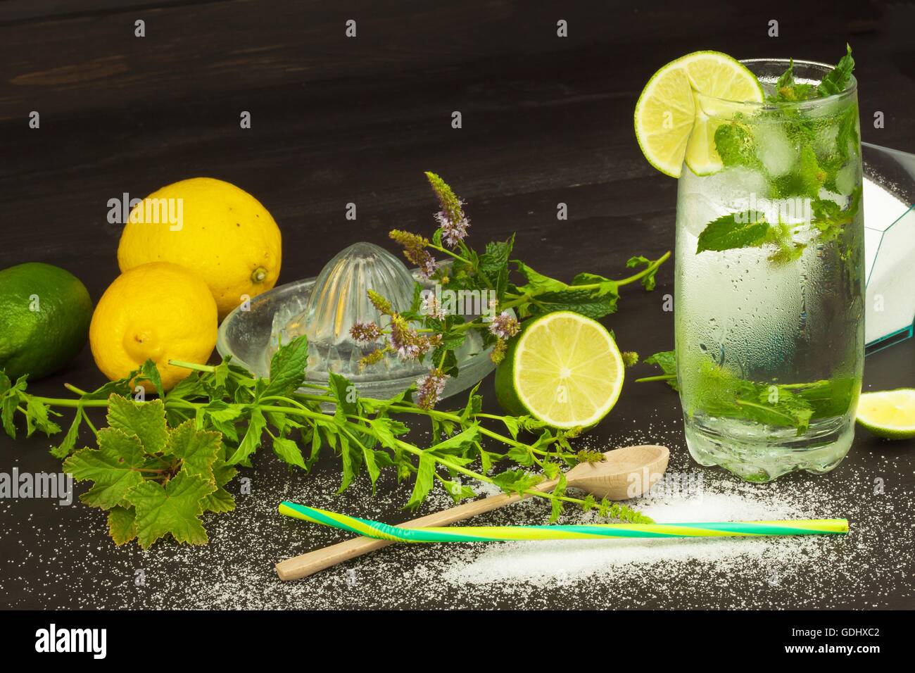 Homemade lemonade with fresh lemon and mint. Cool, refreshing dip in the hot summer. Stock Photo