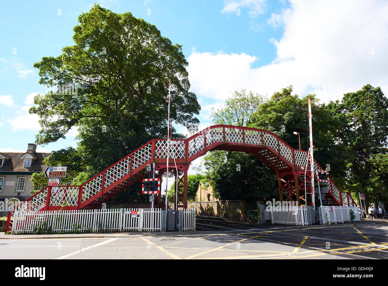 Metal Pedestrian Footbridge Over The Railway Level Crossing Oakham Rutland East Midlands UK Stock Photo