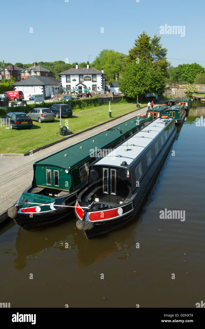 Narrow boats in the Canal Basin at Trevor, Llangollen Canal, near the Pontcysyllte Aqueduct, Stock Photo