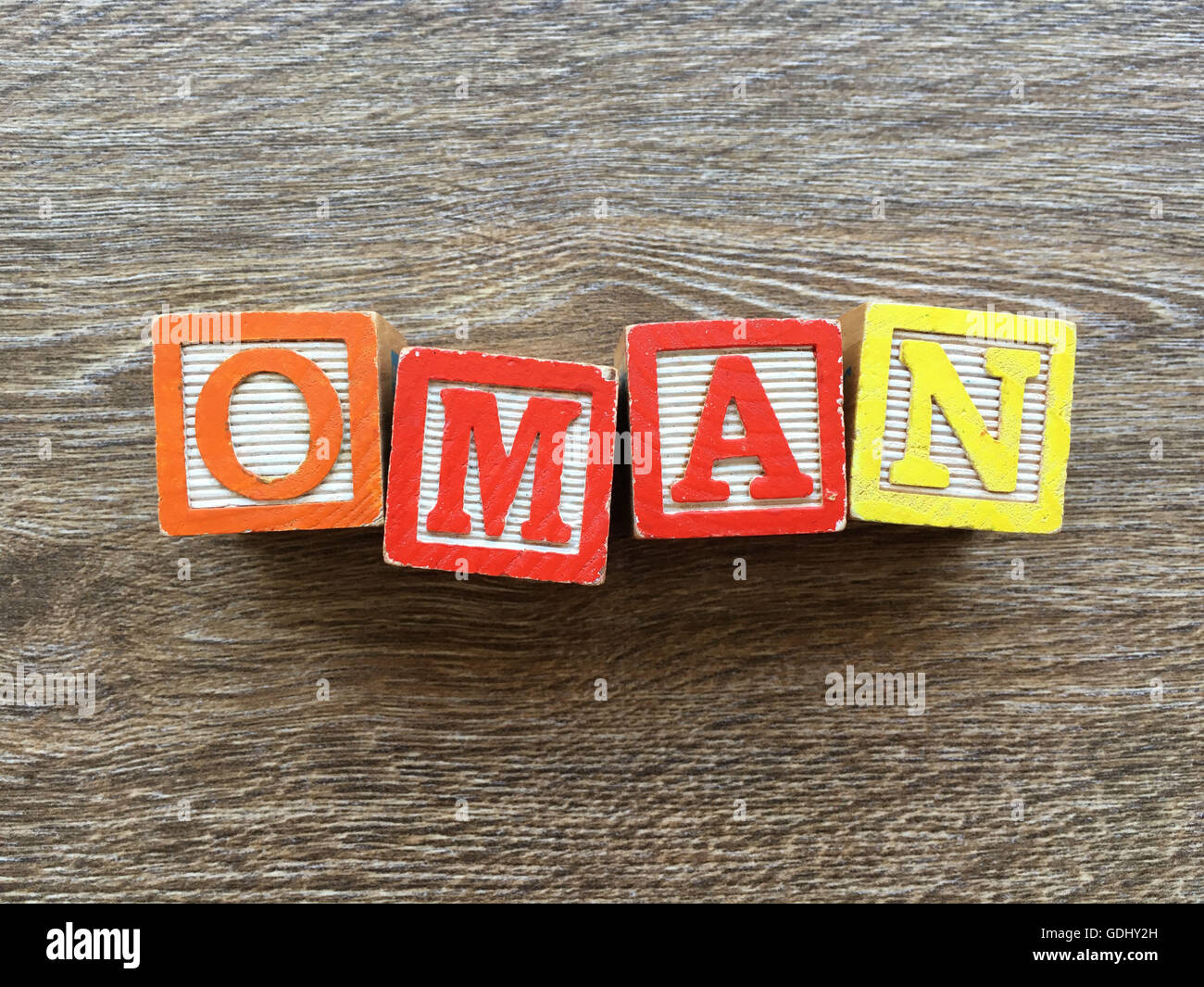 OMAN word written with wood block letter toys Stock Photo Alamy