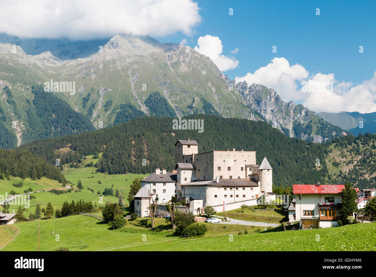 Castle Naudersberg in Nauders, Austria with blue sky Stock Photo