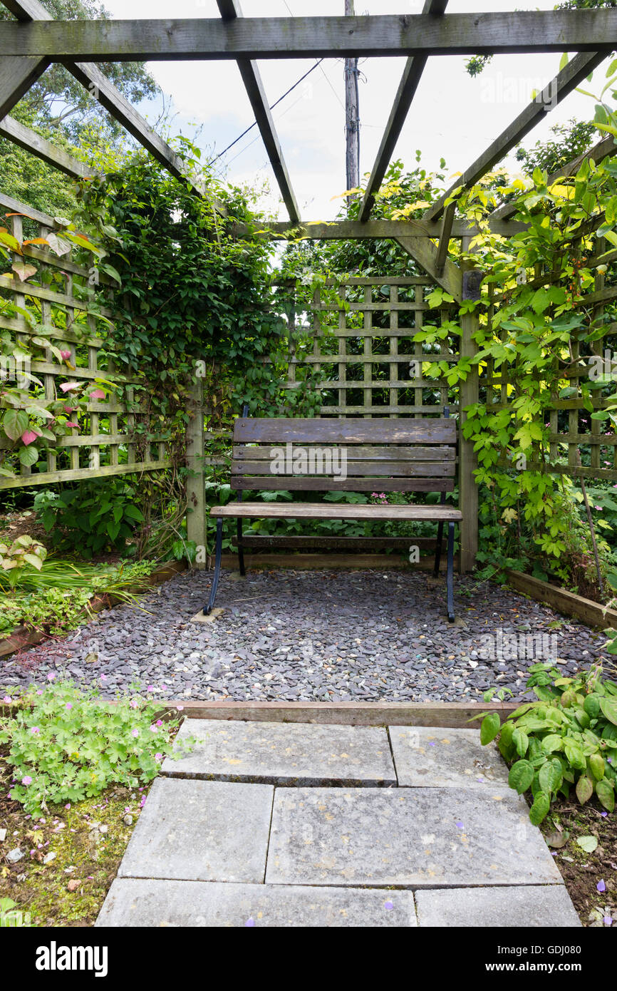 Garden bench under climber covered trellis arbour in a private Devon garden Stock Photo