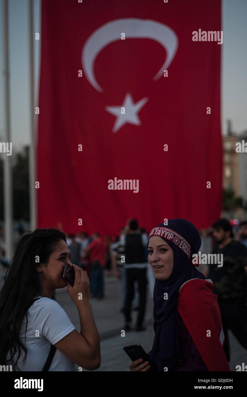 Two Turkish women at a pro government rally to celebrate a failed coup attempt, Taksim, Istanbul, Turkey Stock Photo
