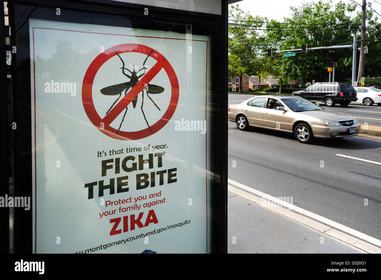 Zika mosquito warning in USA American Maryland on bus shelter Fight The Bite poster Stock Photo