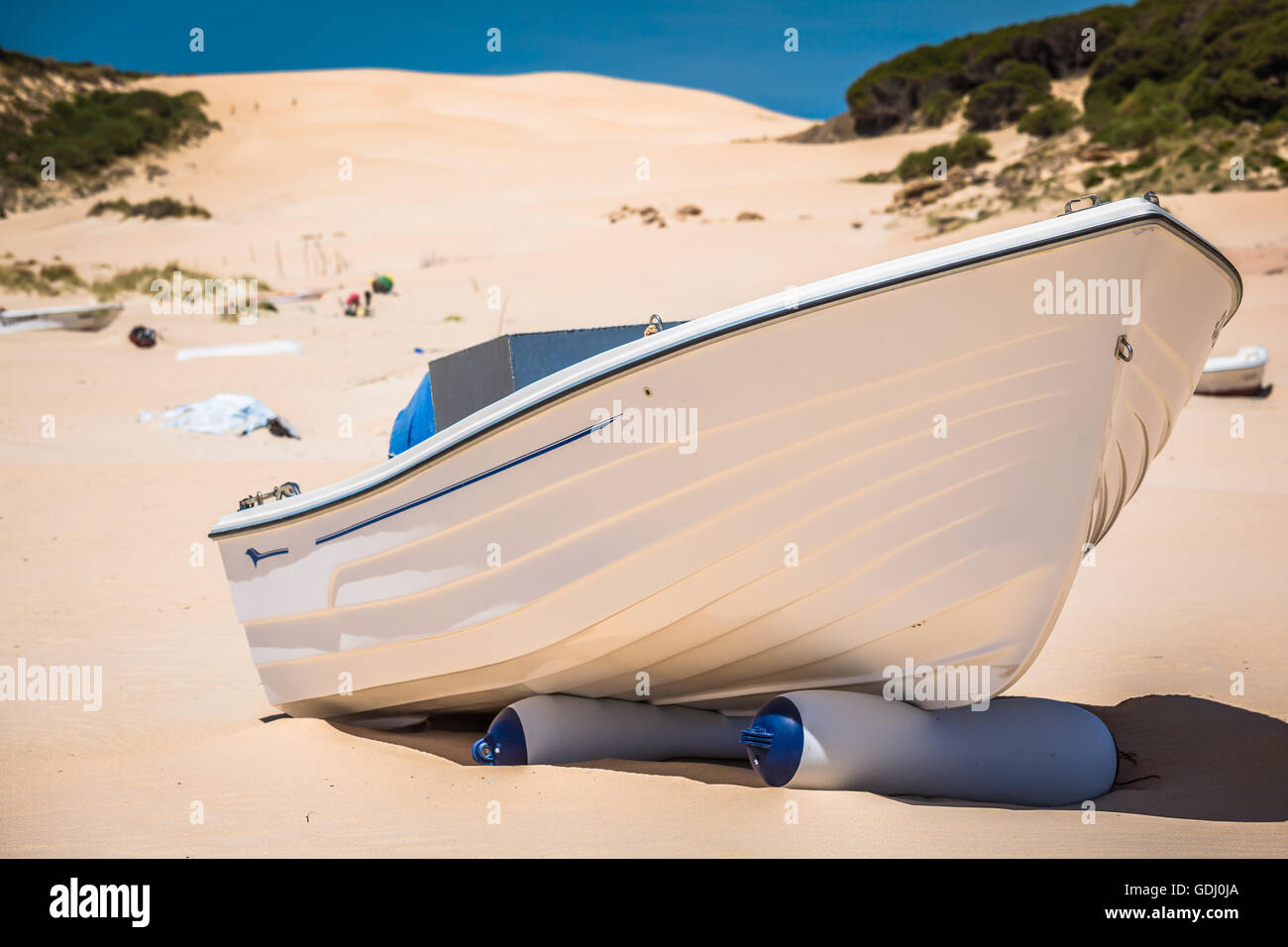 boat at bolonia beach a coastal village in the municipality of Tarifa in the Province of Cadiz in southern Spain. Stock Photo