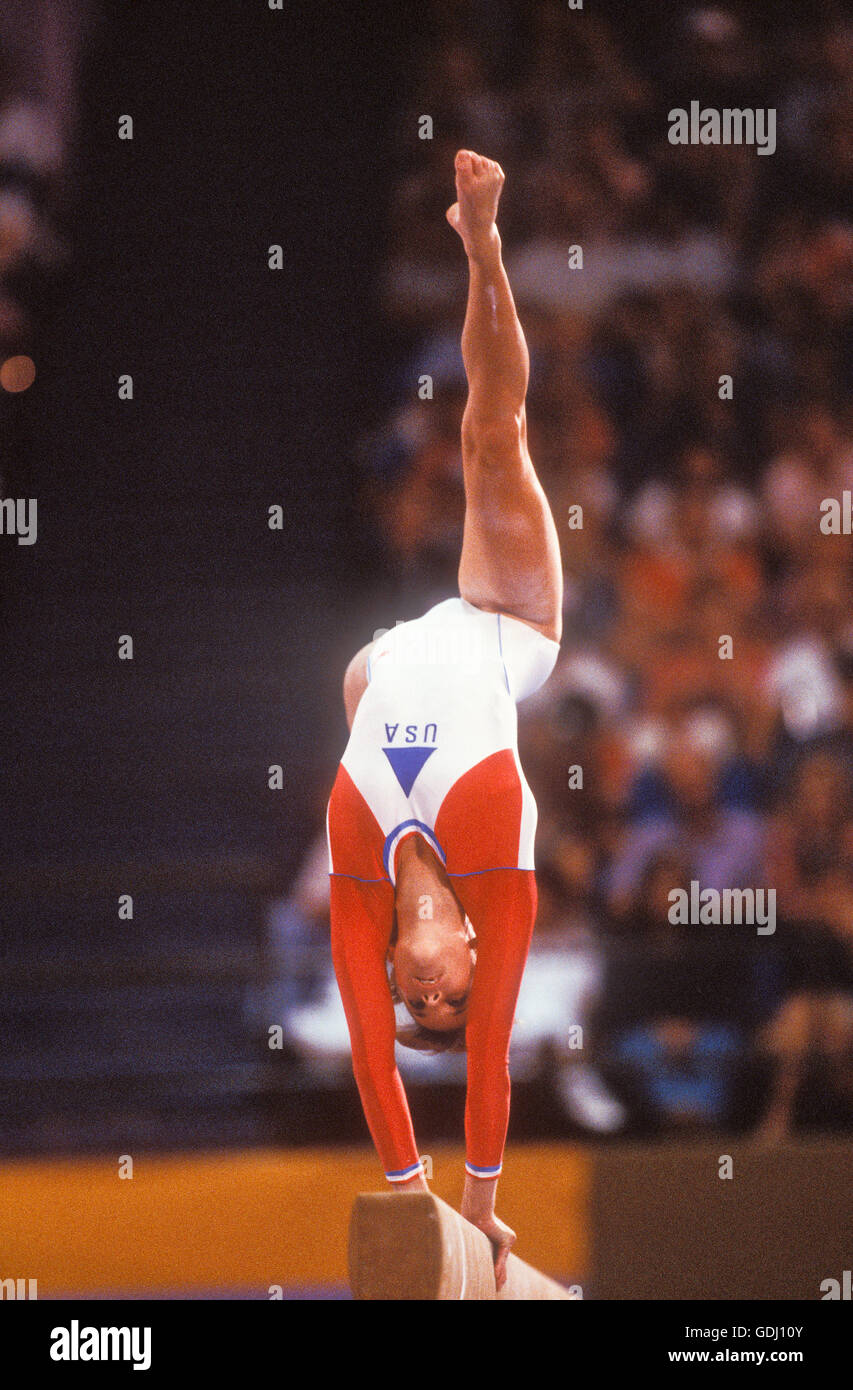 Pamela Bileck of USA performs on balance beam during competition at 1984 Olympic Games in Los Angeles. Stock Photo