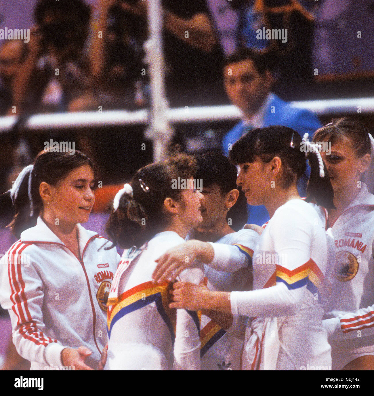 Romanian Gymnastics Team gather for congratulations after competition at 1984 Olympic Games in Los Angeles. Stock Photo