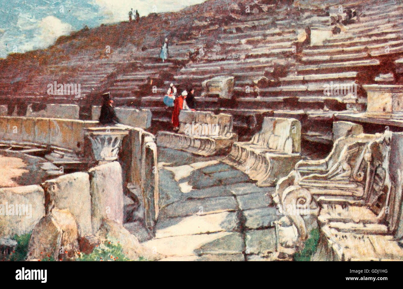 The Lower part of the Auditorium of the Theatre of Dionysos at Athens. Greece, circa 1900 Stock Photo