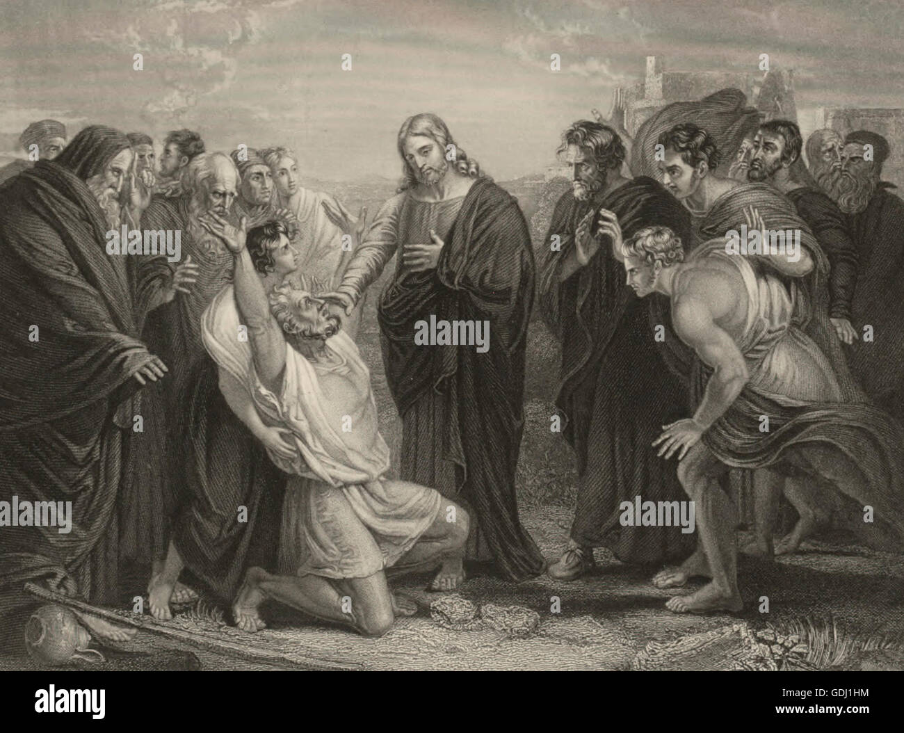 He was restored and saw every man clearly - Jesus Christ heals the blind man Stock Photo