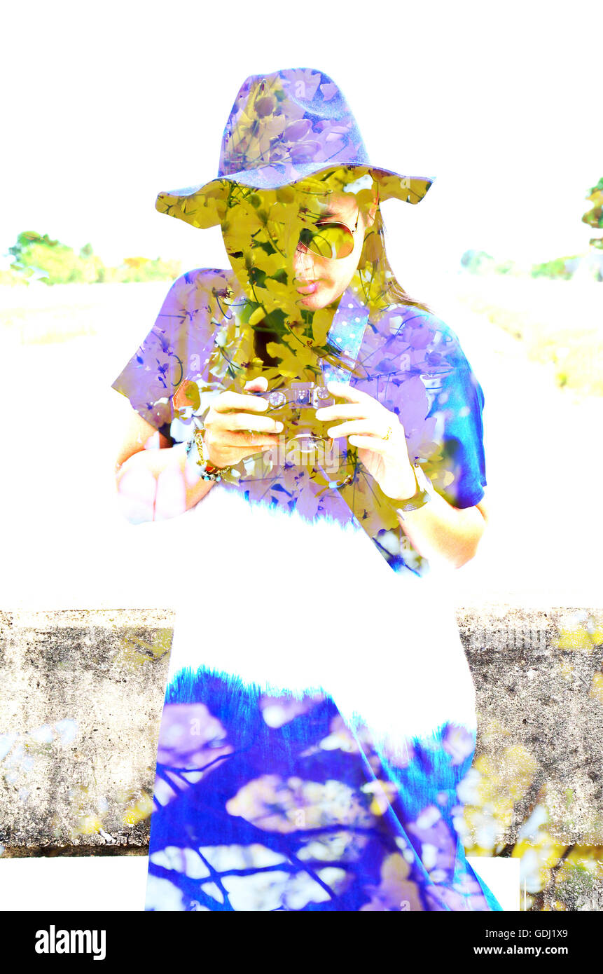 Lighten effect or double exposure of Thai woman wear clothes indigo natural color