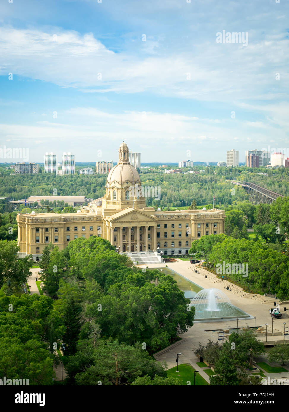 An aerial view of the Alberta Legislature Building, Alberta Legislature Grounds and High Level Bridge in Edmonton, Canada. Stock Photo