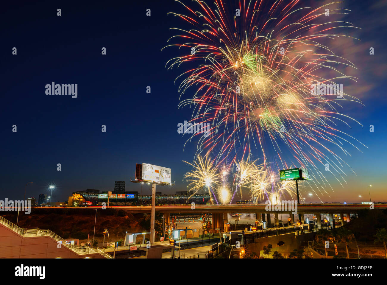 Anaheim, JUL 16 Beautiful fireworks of Angel Stadium saw at the