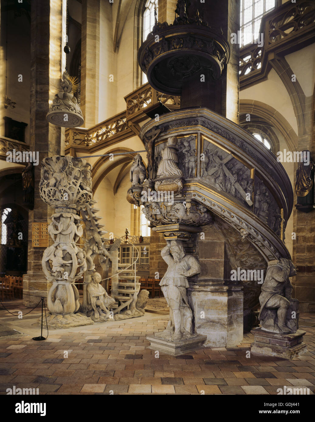geography / travel, Germany, Saxony, Freiberg, churches, St. Mary Cathedral, interior view, Tulpenkanzel (Tulip pulpit) and Bergmannskanzel (Miner's pulpit), built: 1638 by Hans Fritzsche, Stock Photo