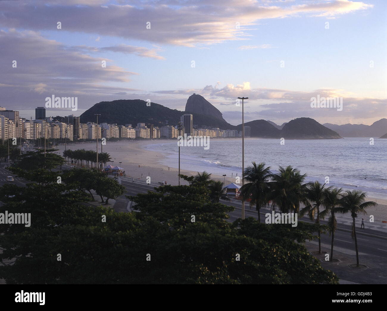geography / travel, Brazil, Rio de Janeiro, city view / city views, Copacabana with view towards Sugarloaf Mountain, morning mood, Stock Photo