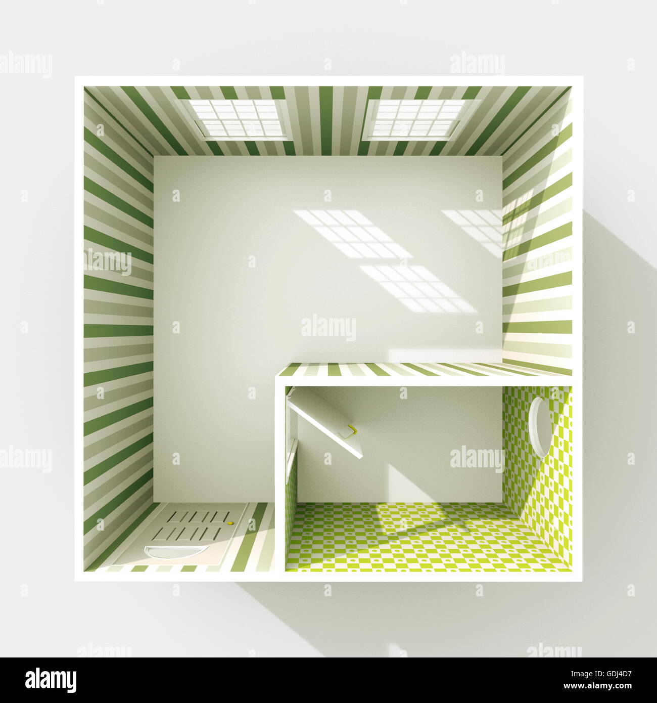 3d interior rendering plan view of empty home apartment with green striped wallpaper materials Stock Photo