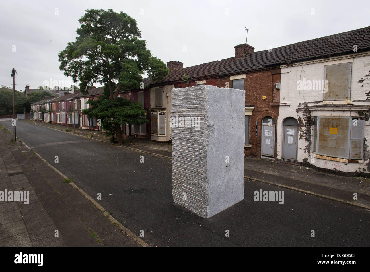'Momentary Monument - The Stone' by Lara Favaretto, stands on Rhiwlas Street, in Liverpool, Merseyside, as part of Biennial 2016 Stock Photo