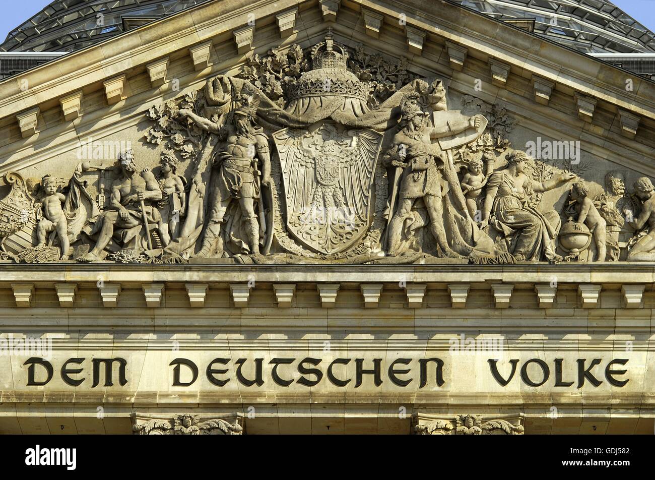 geography / travel, Germany, Berlin, Reichstag, Berlin Reichstag, pediments, inscription, 'Dem Deutschen Volke', Stock Photo