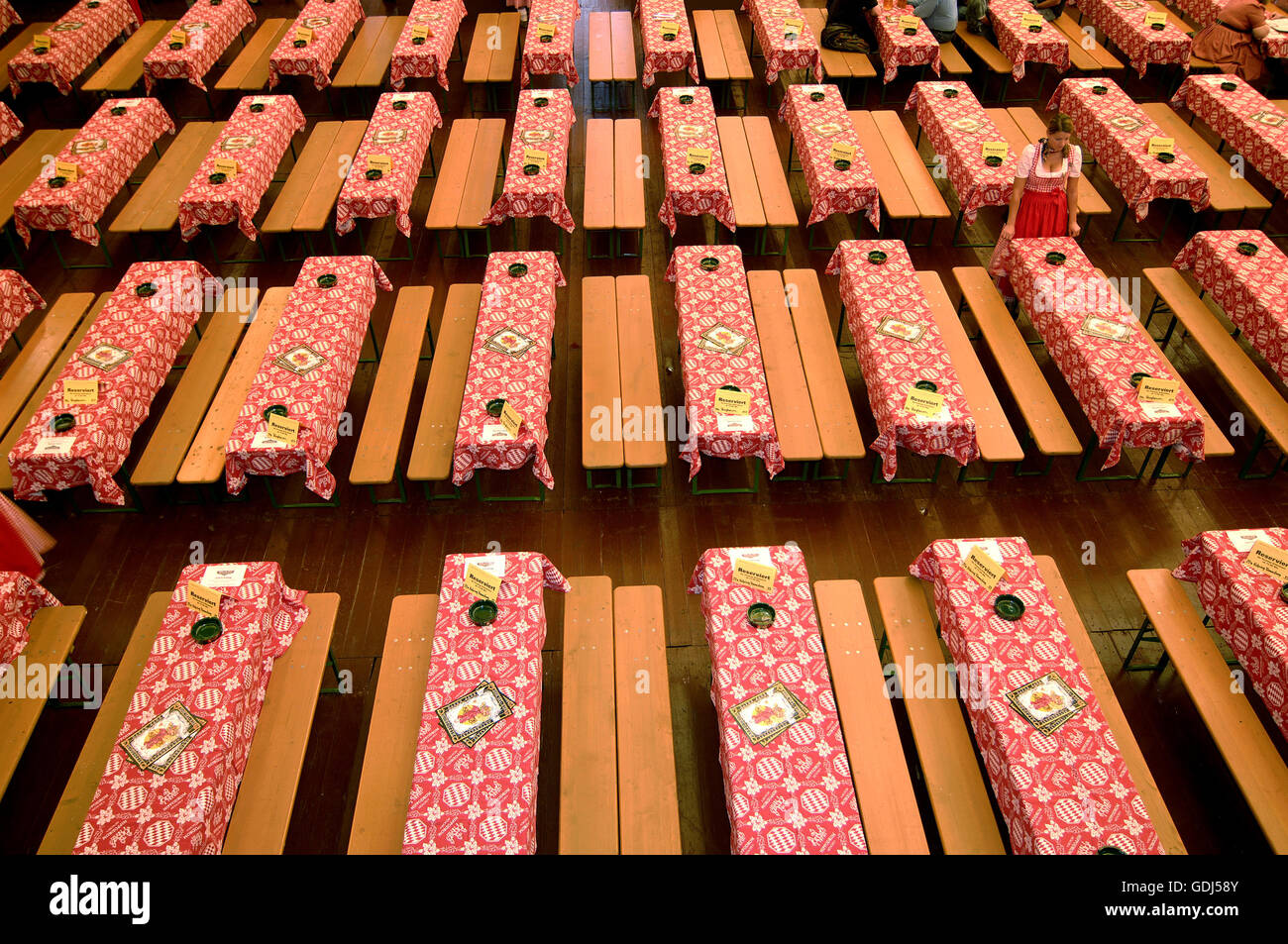 geography / travel, Germany, Bavaria, Munich, Oktoberfest, beer tent, Hippodrom, interior view, empty reservated tables, Stock Photo
