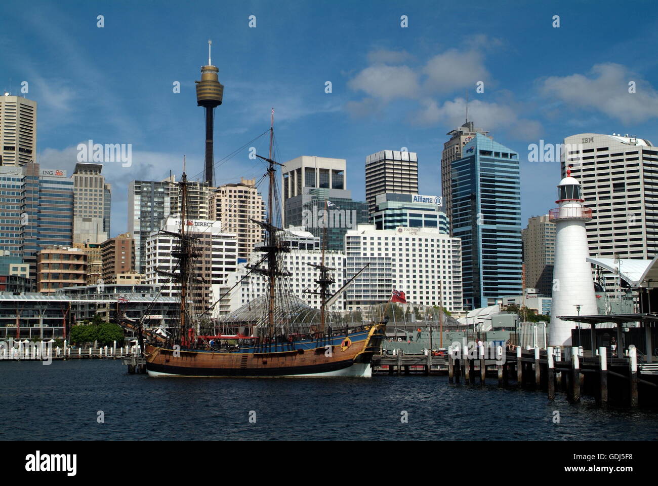 geography / travel, Australia, Sydney, city views / cityscapes, HMS Endeavour of Captain Cook and lighthouse, war museum in Cockle Bay in Darling Harbour, Sydney Tower and Animal World, Stock Photo