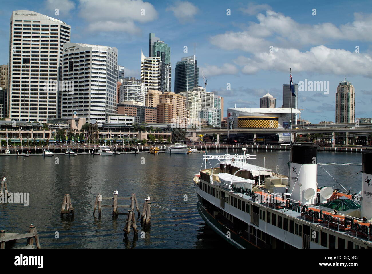 geography / travel, Australia, Sydney, city views / cityscapes, Cockle Bay with IMAX cinema, Cockle Bay Warf and restaurant ship, Stock Photo