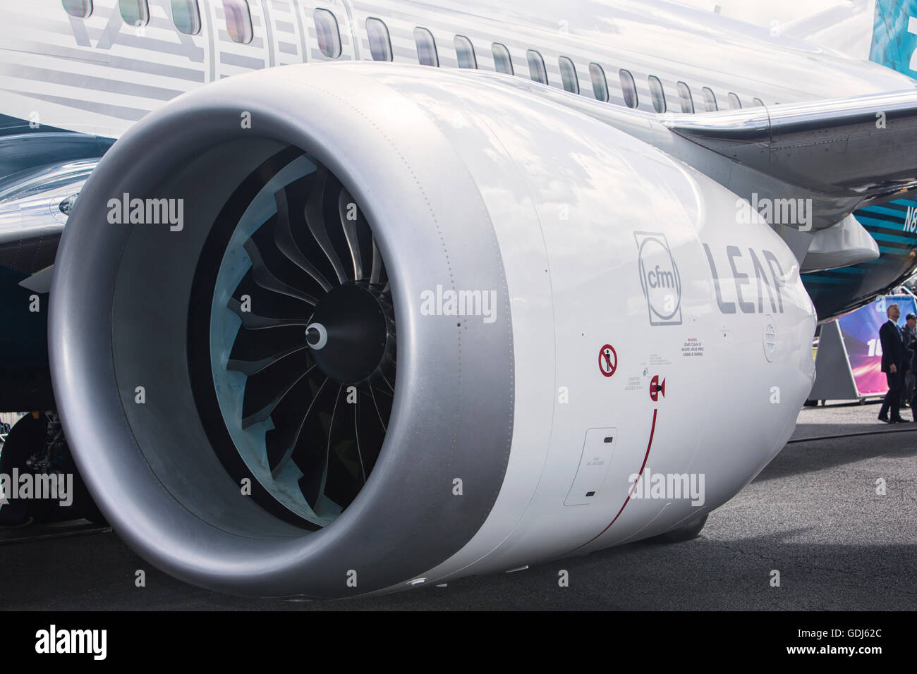 The new Boeing 737 Max and CFM International LEAP engine the Farnborough Airshow 2016 Stock Photo