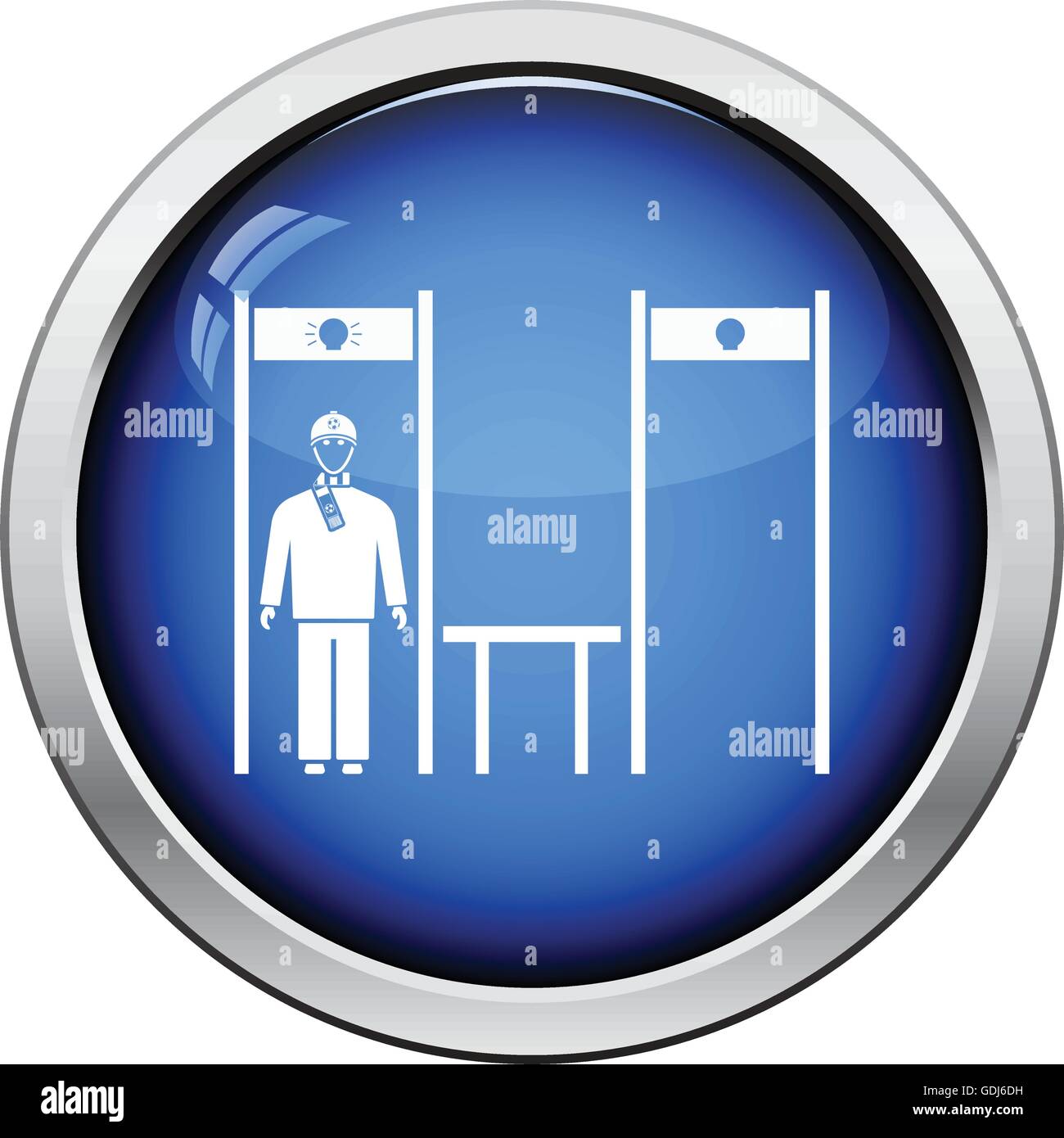 Stadium metal detector frame with inspecting fan icon. Glossy button design. Vector illustration. Stock Vector