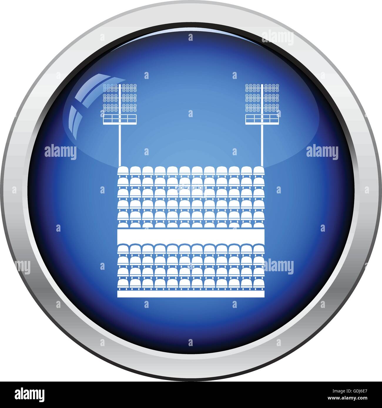 Stadium tribune with seats and light mast icon. Glossy button design. Vector illustration. Stock Vector