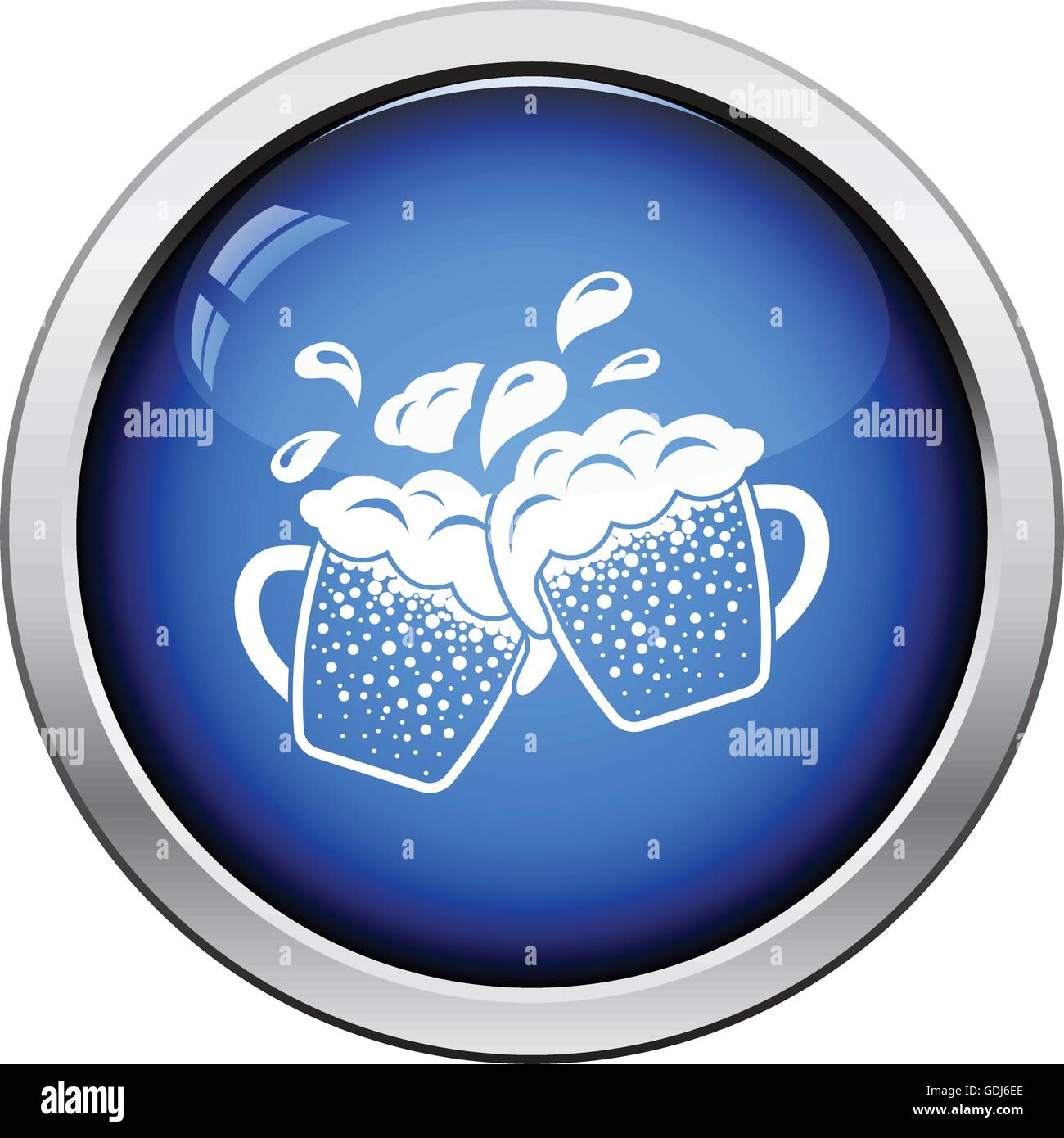 Two clinking beer mugs with fly off foam icon. Glossy button design