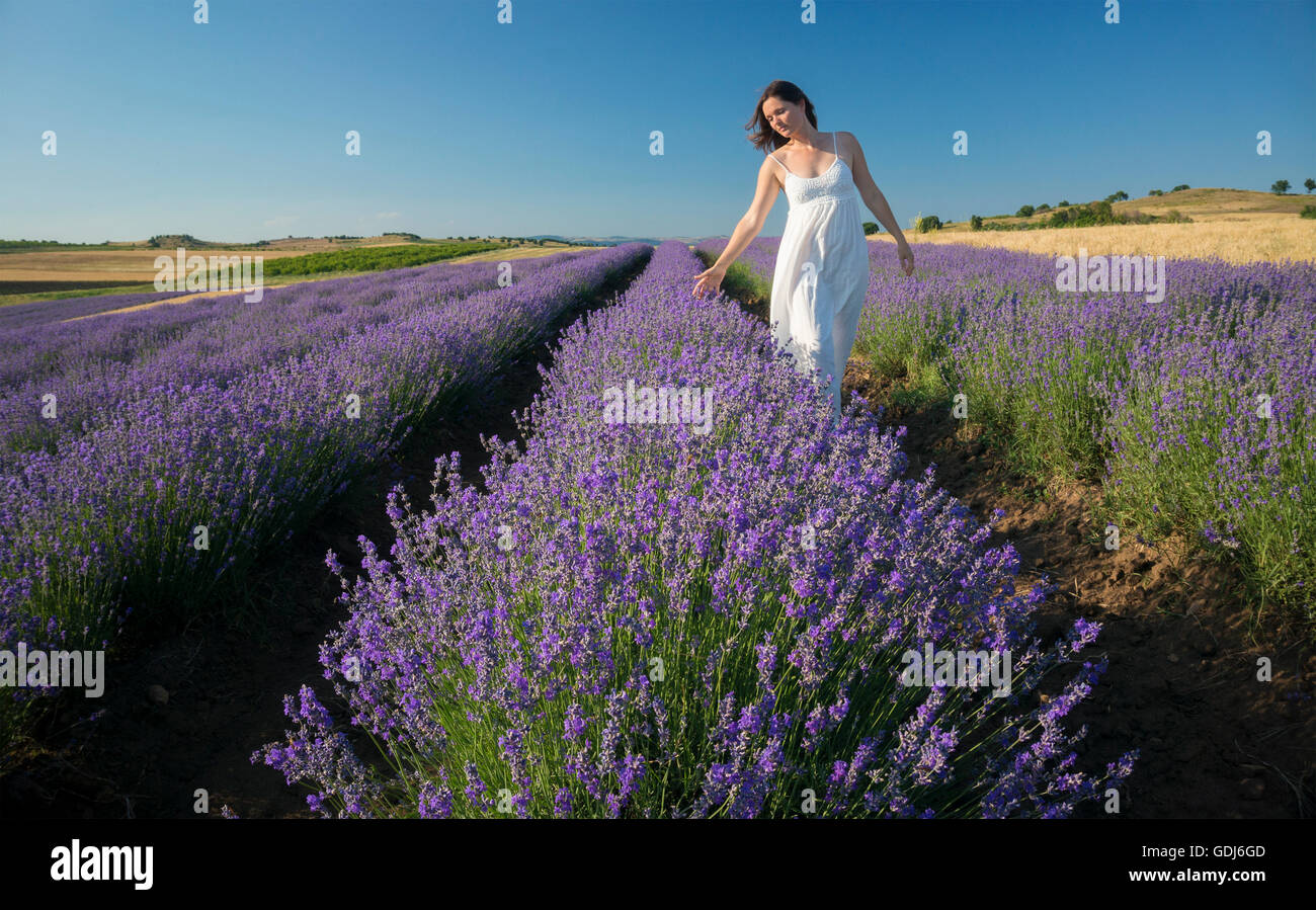 Beautiful young woman wearing a white dress walking in the middle of a ...