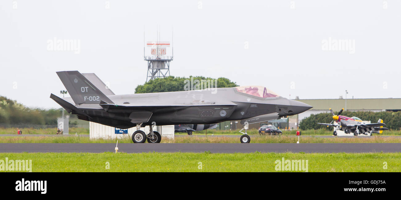 LEEUWARDEN, THE NETHERLANDS - JUNE 10, 2016: Dutch F-35 on the runway during a flyby on it's European debut at the Royal Netherl Stock Photo