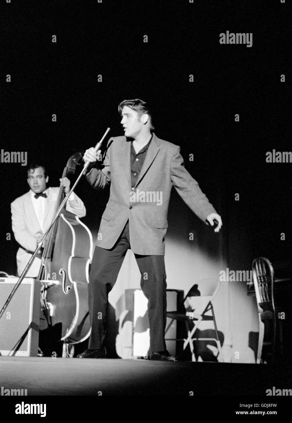 Elvis Presley, performing on stage, May 26, 1956. Stock Photo